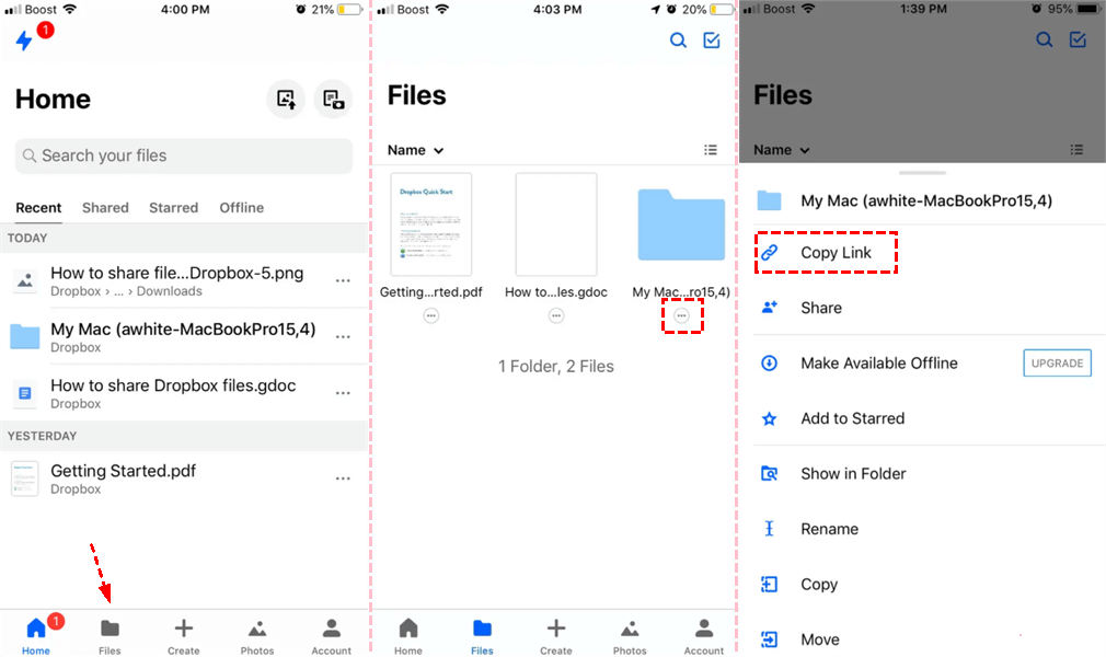 Copy Link in Dropbox on Phone