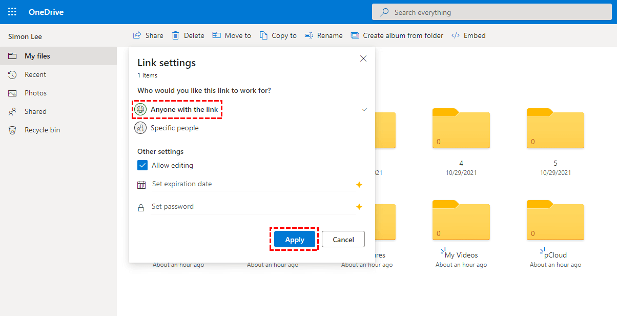 Settings for Anyone with the Link in OneDrive