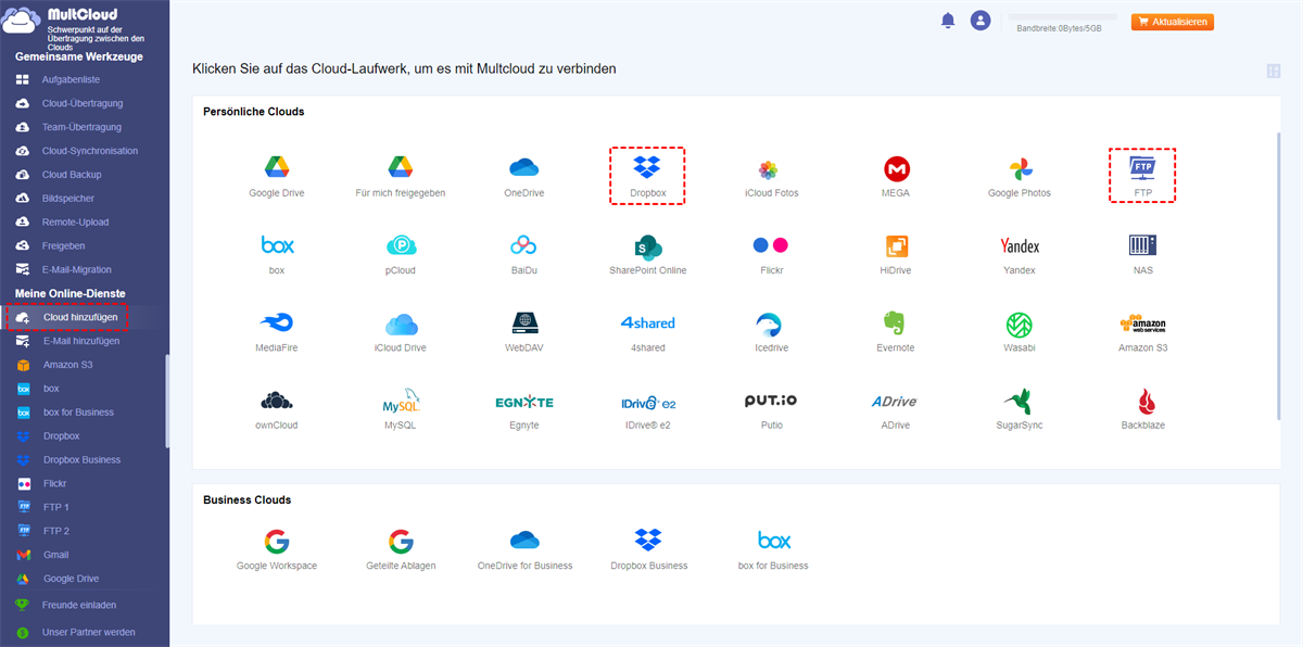 Dropbox und FTP zu MultCloud hinzufügen