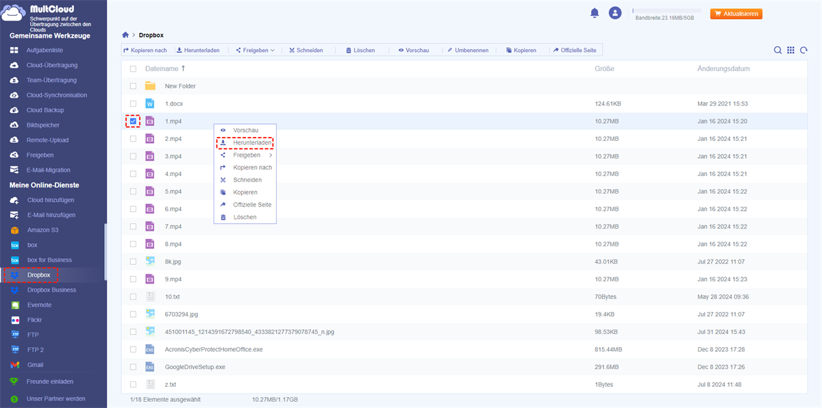 Herunterladen von Dropbox in MultCloud