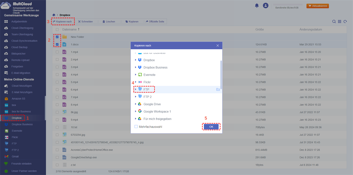 Dropbox nach FTP in MultCloud kopieren