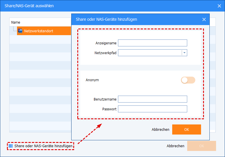 Share oder NAS-Gerät hinzufügen