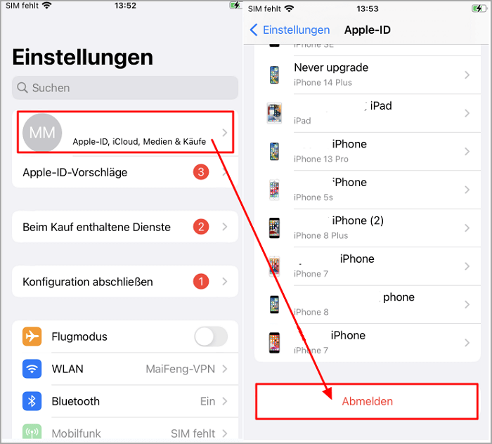 Apple-ID auf dem iPhone abmelden