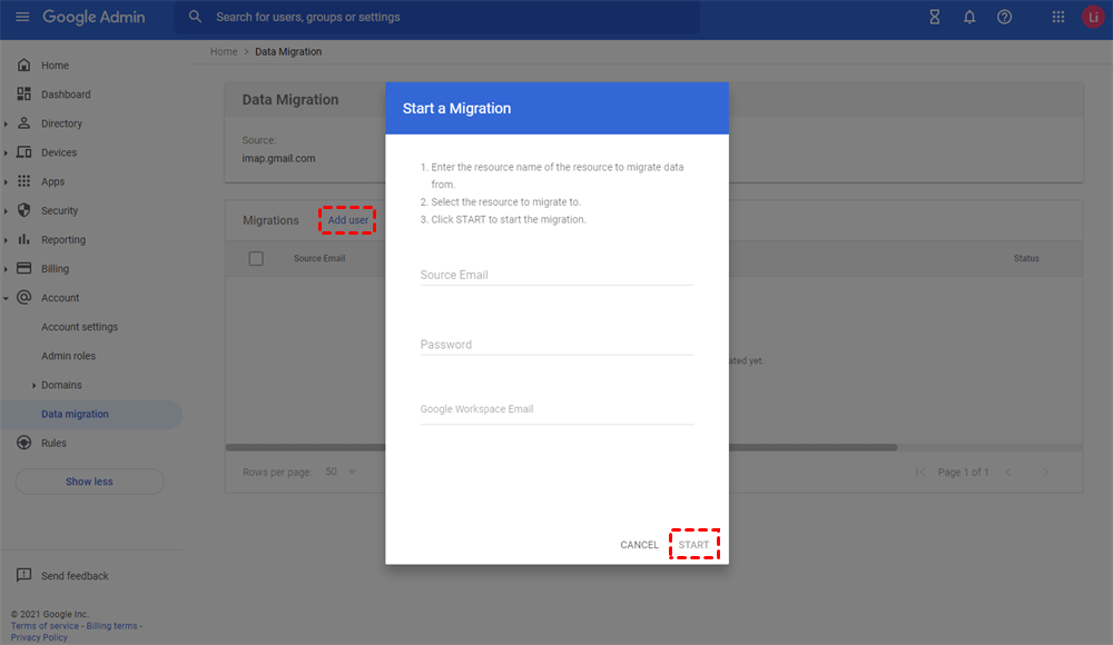 Benutzer für Datenmigration in Google Admin Konsole hinzufügen