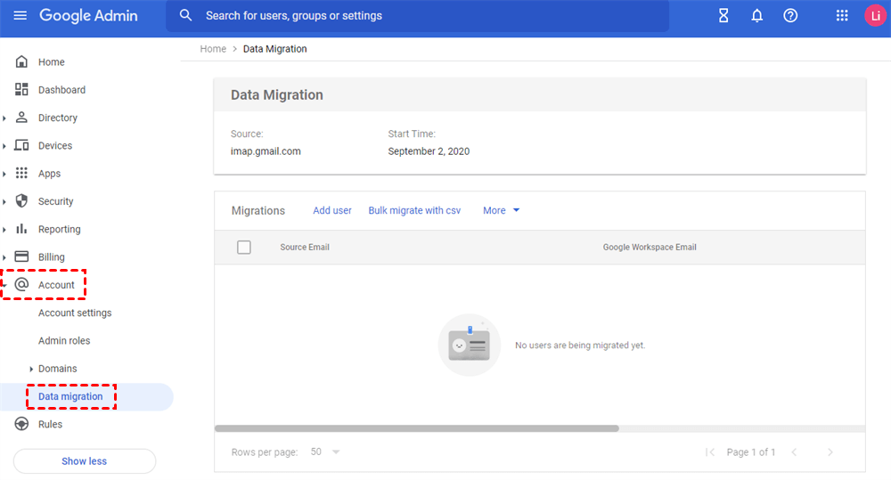 Datenmigration in Google Admin Konsole öffnen