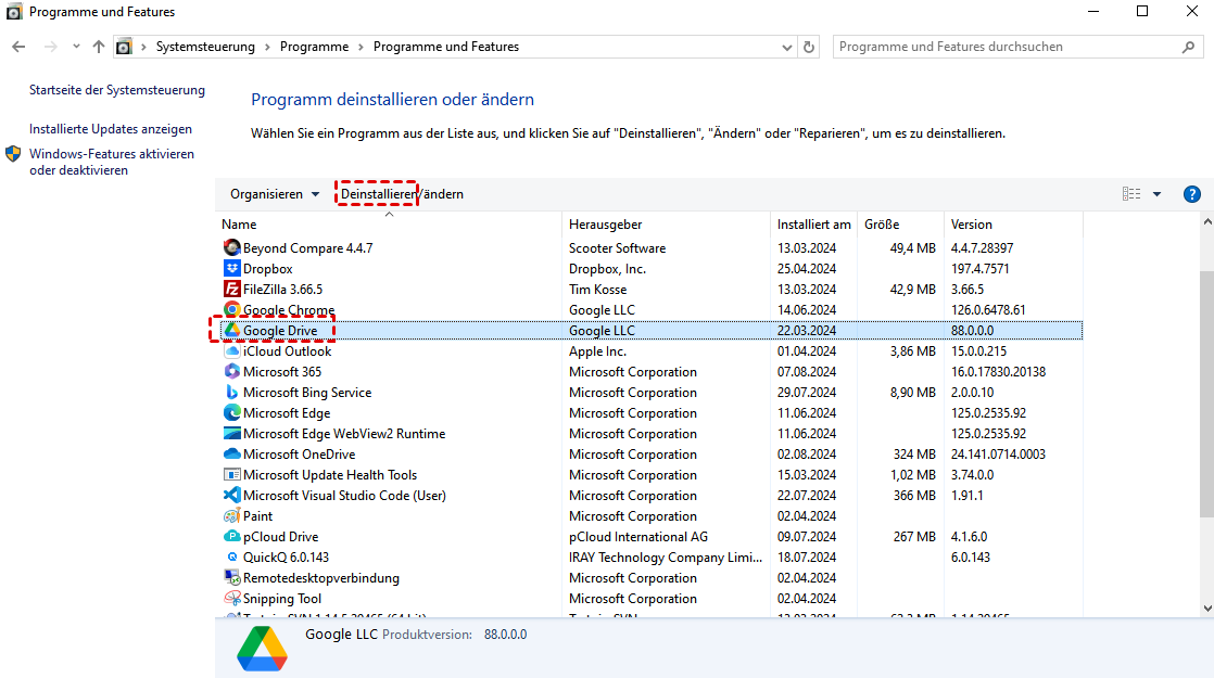 Google Drive for Desktop in Systemsteuerung deinsatllieren