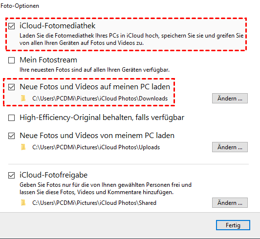 „iCloud-Fotomediathek“ und „Neue Fotos und Videos auf meinen PC laden“ wählen
