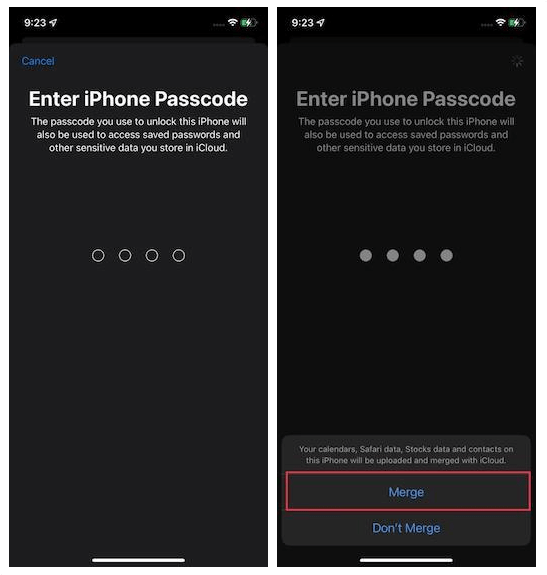 iPhone-Passcode eingeben und iPhone-Daten zusammenführen