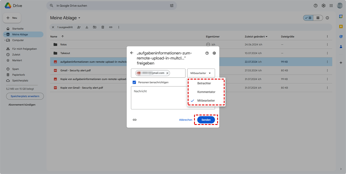 Klicken Sie auf „Senden“, um es auf Google Drive zu teilen