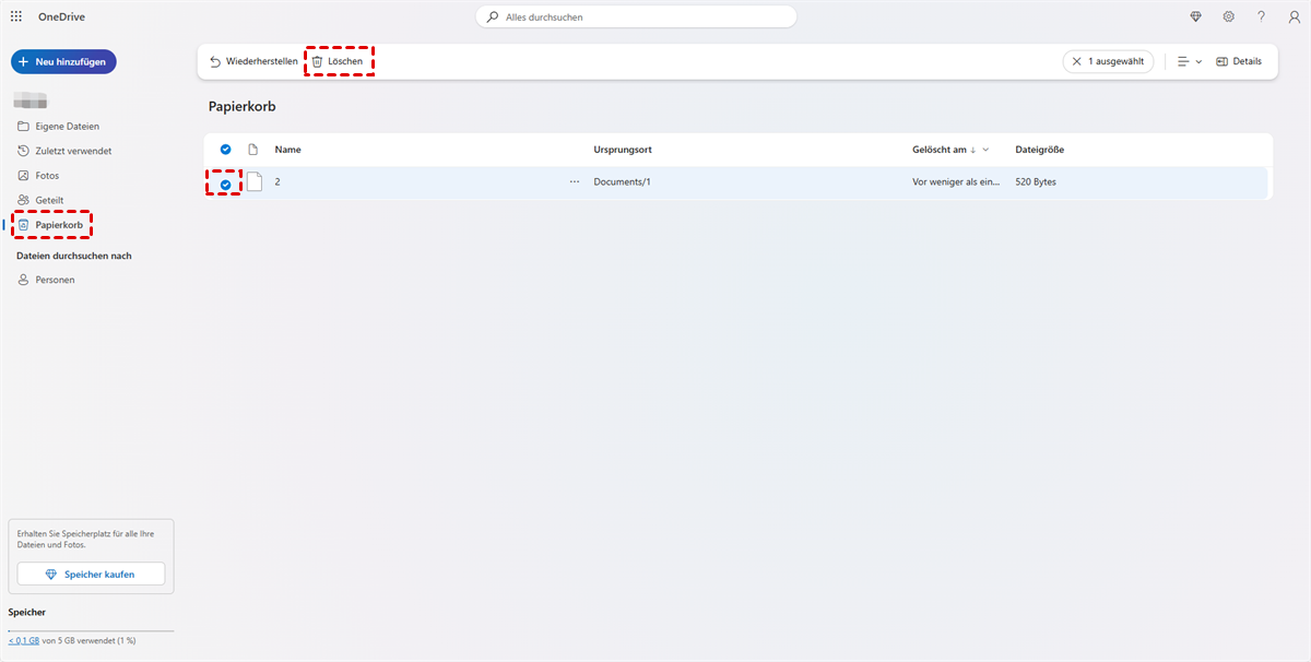 OneDrive Dateien in Papierkorb
