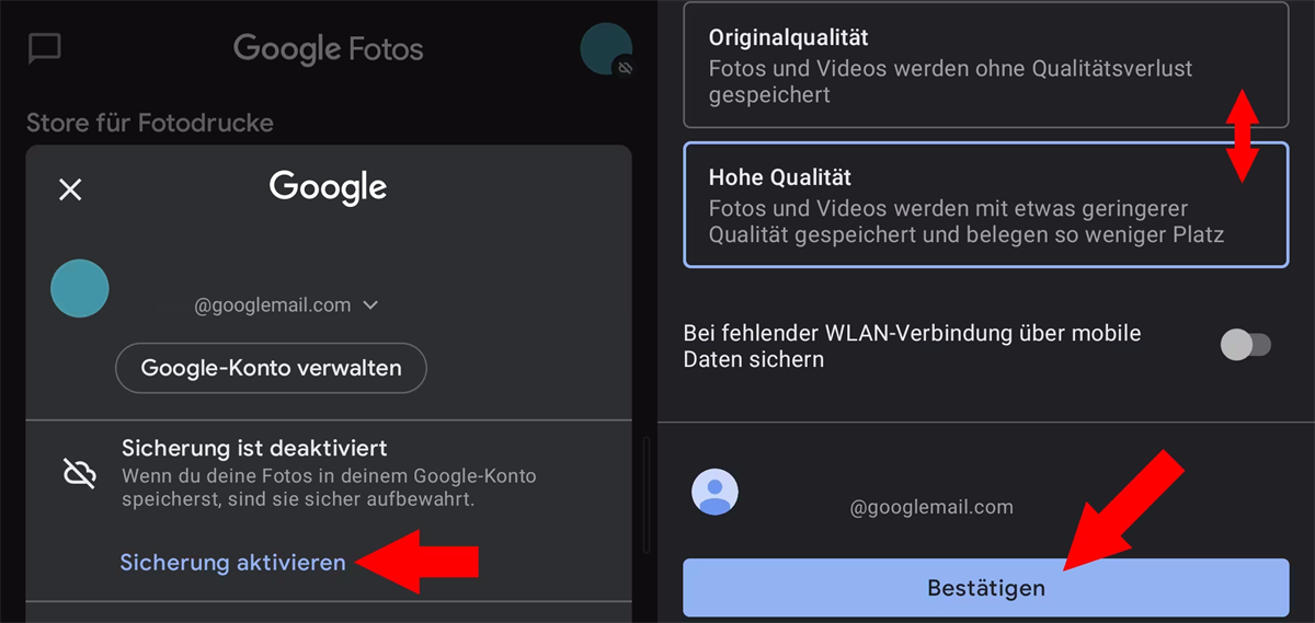 Sicherung aktivieren auf dem Google Fotos