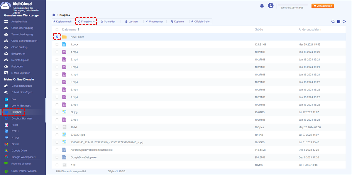 Dropbox Dateien in MultCloud freigeben
