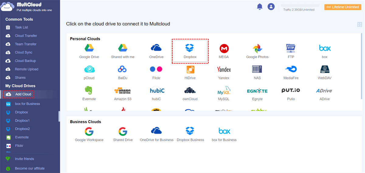 Add Dropbox to MultCloud