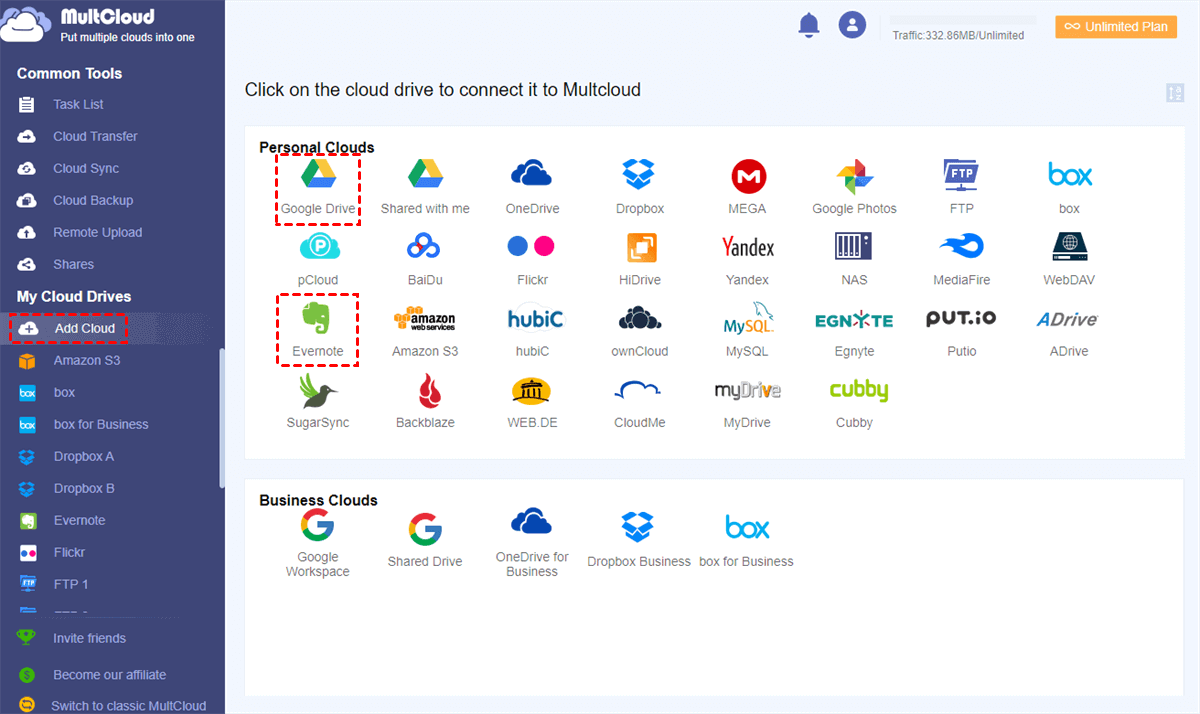 Add Evernote and Google Drive to MultCloud