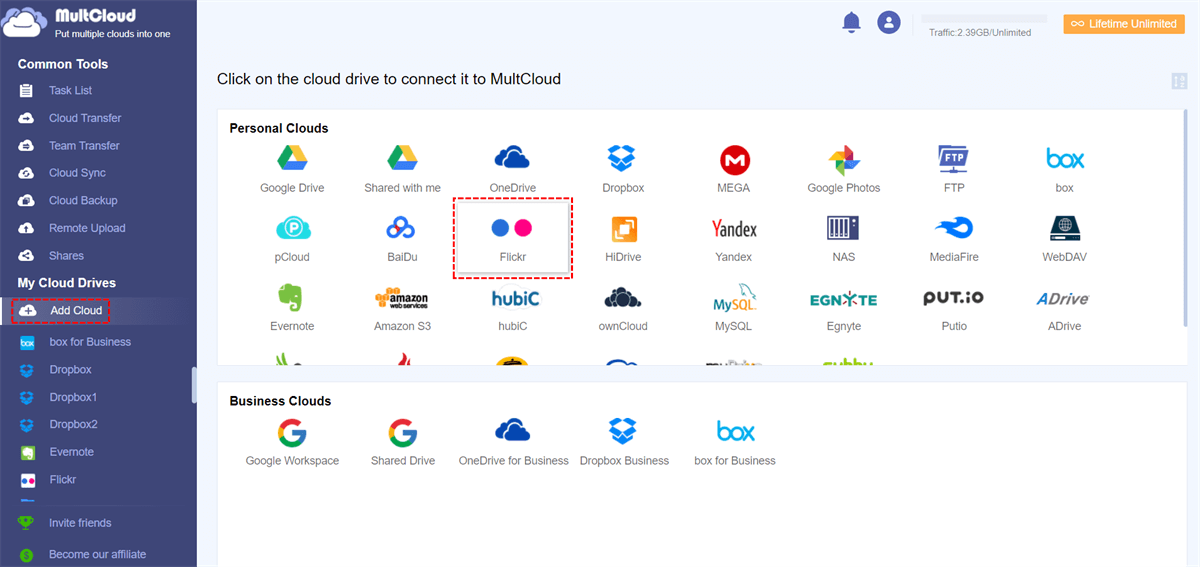Add Flickr to MultCloud