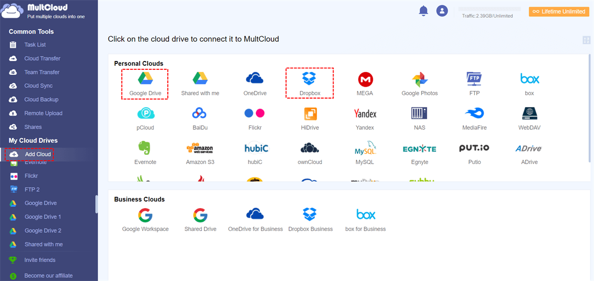 Add Google Drive and Dropbox to MultCloud