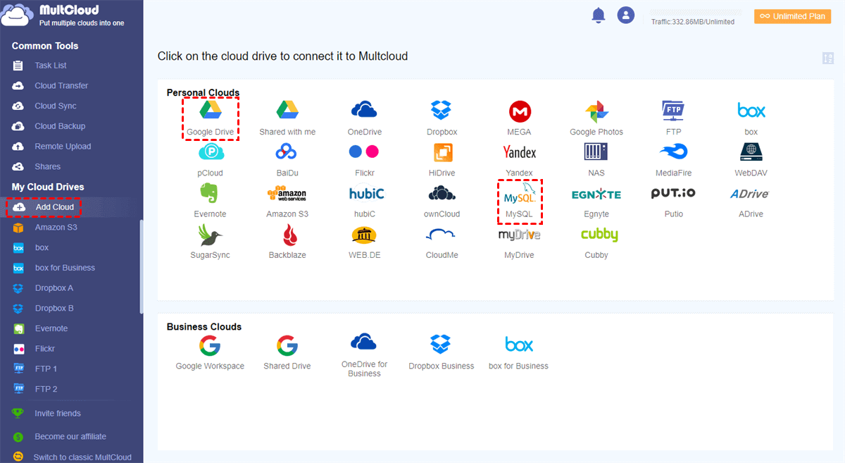 Add MySQL and Google Drive to MultCloud