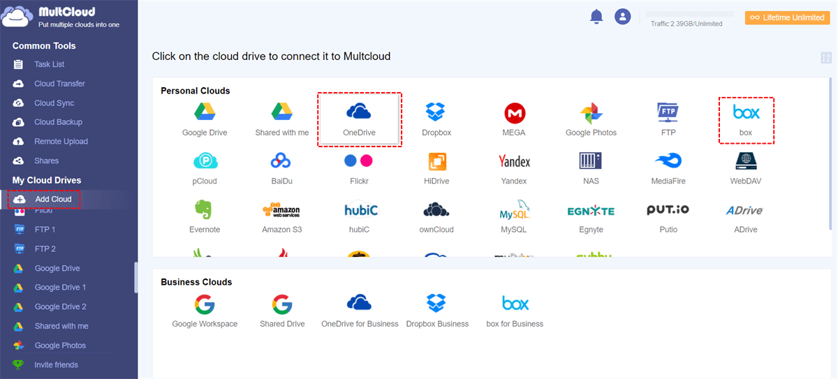 Add OneDrive and Box to MultCloud