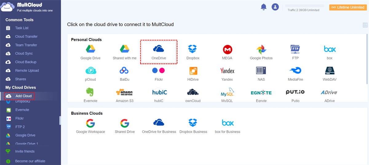 Add OneDrive Accounts to MultCloud 