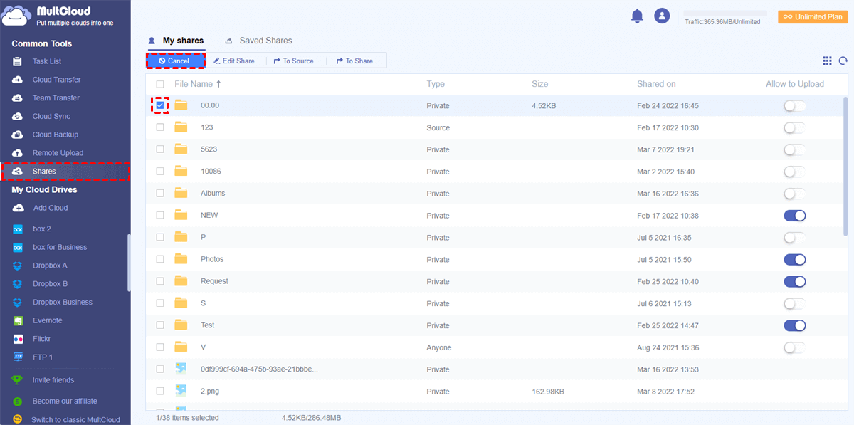 Cancel Shares in MultCloud