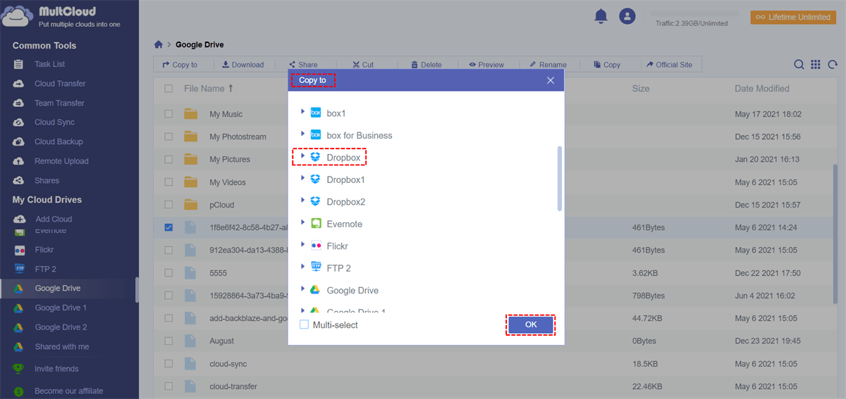 Copy Google Drive Files to Dropbox