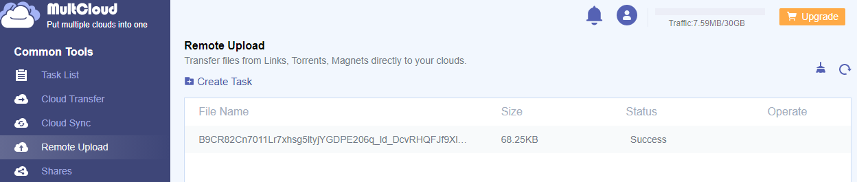 Remote Upload Task List of MultCloud