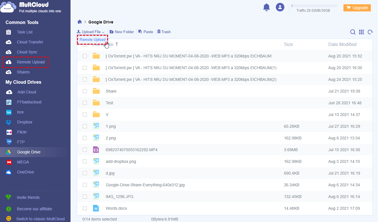 Remote Upload to Google Drive by MultCloud