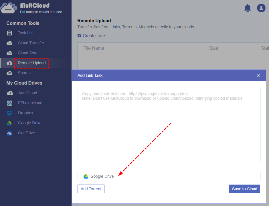 Remote Upload Torrents to Google Drive through MultCloud