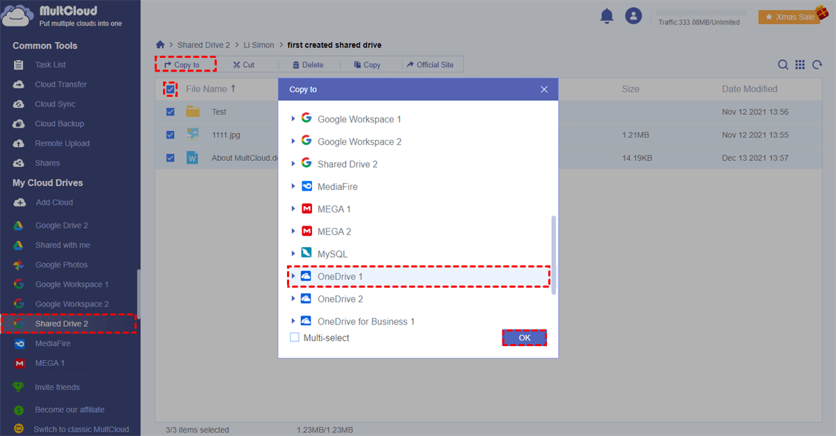 Copy Shared Drive to OneDrive with MultCloud