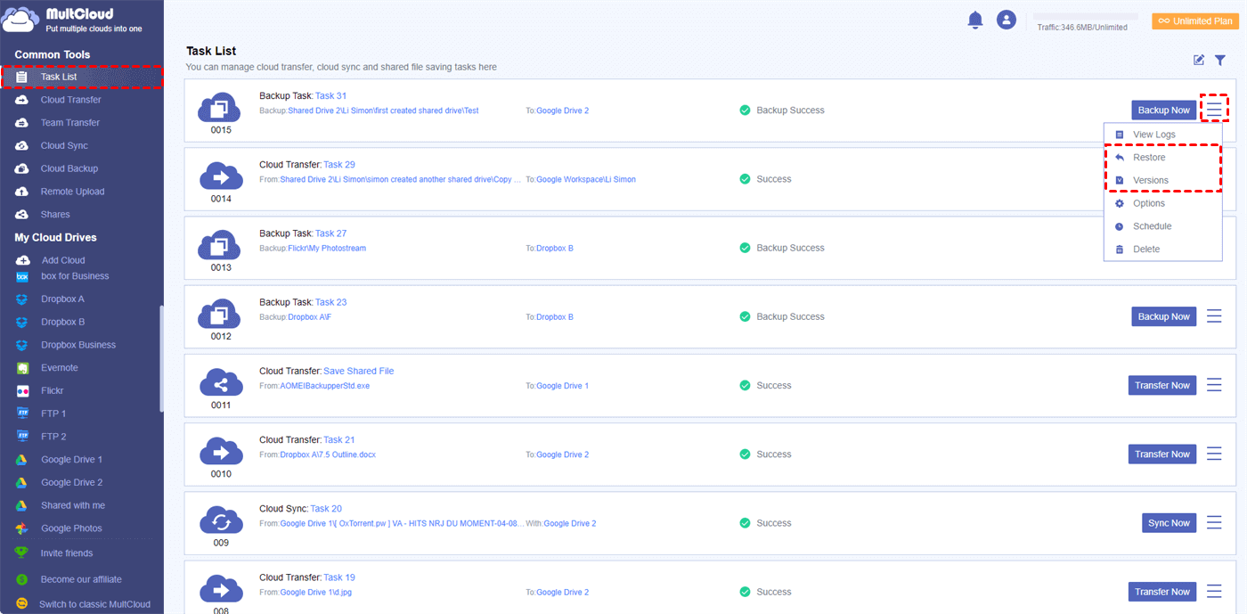 Find Versions of Your Cloud Backup Task