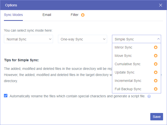 Options of Cloud Sync