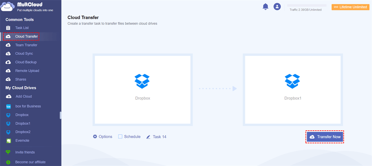 Dropbox to Dropbox Migration in MultCloud