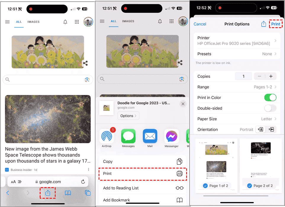 Print Webpage As PDF in Safari iPhone