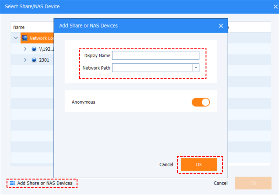 Add Share or NAS Devices