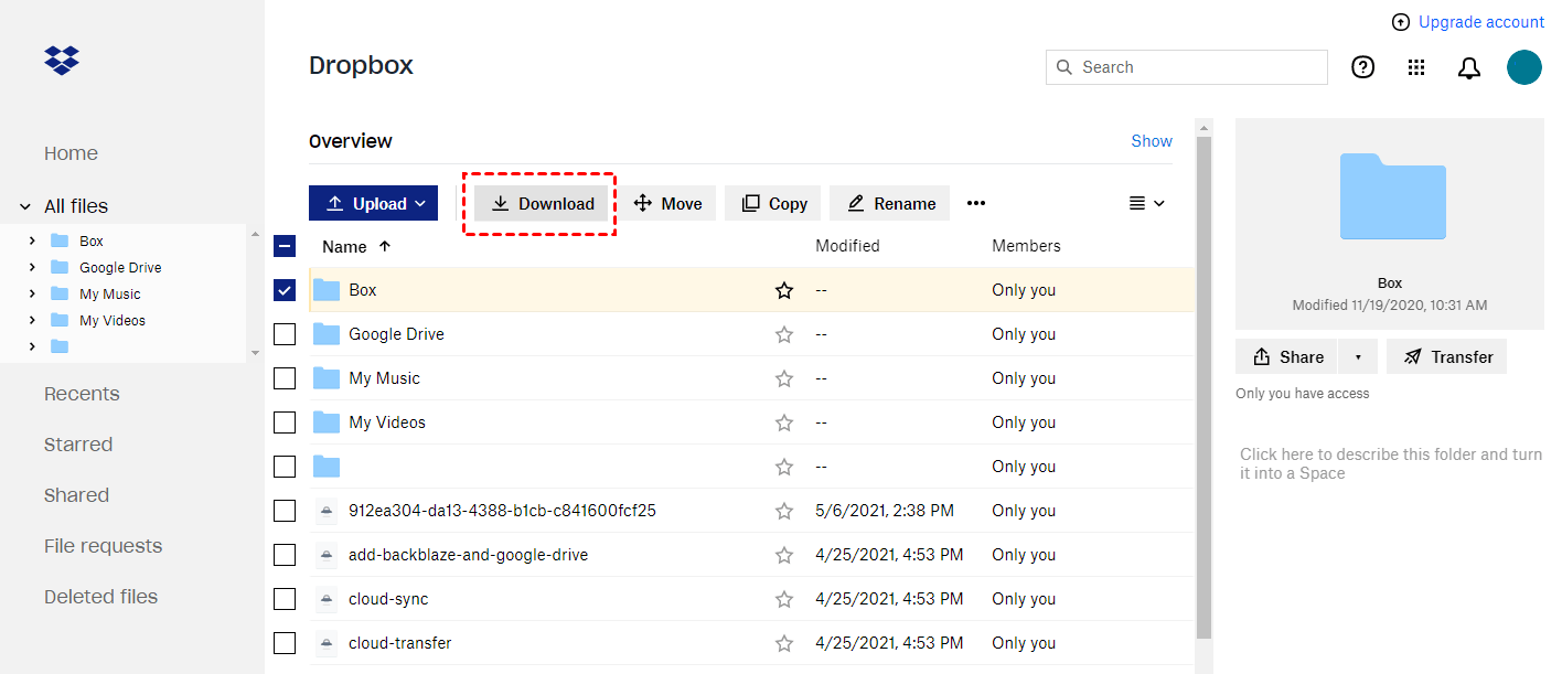 dropbox transfer large files