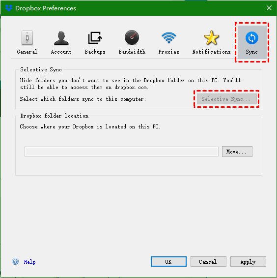 Click Selective Sync to Sync Dropbox to Computer