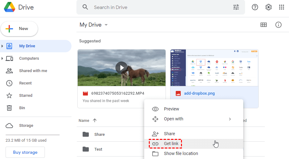 Choose Get Link in Google Drive
