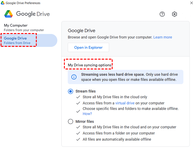 google drive file stream select folders