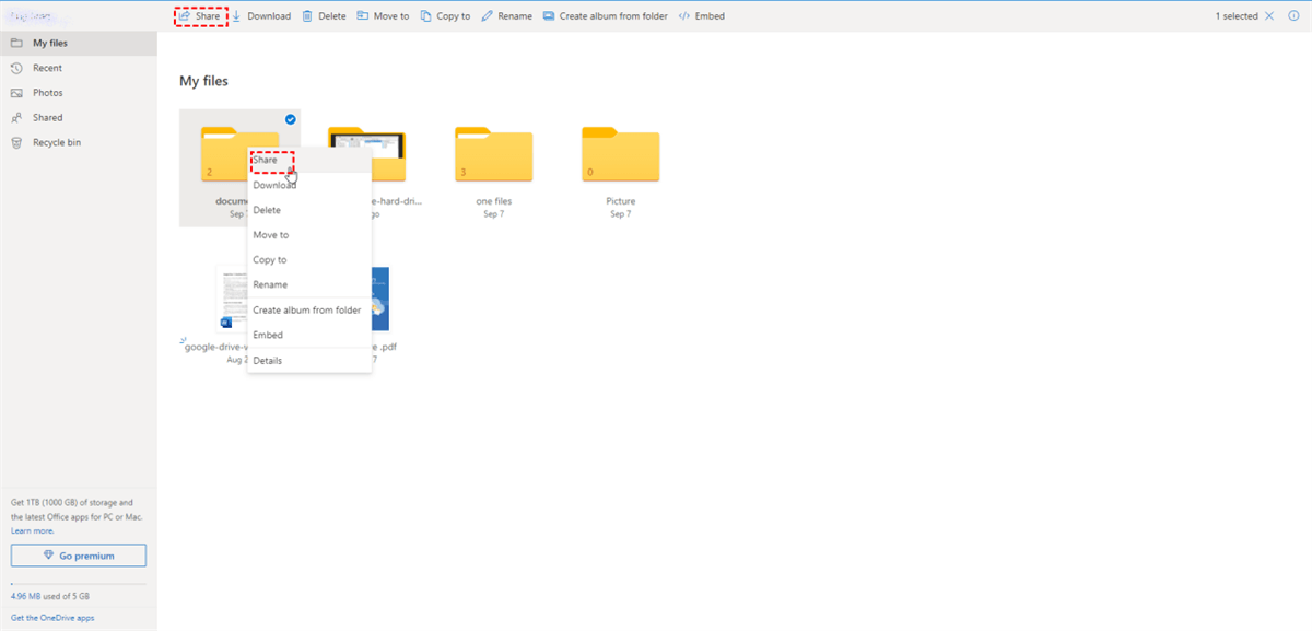 Click Share on OneDrive
