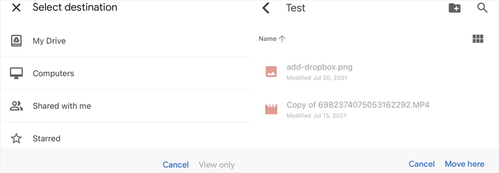 Select the Destination of Copied File in Google Drive App