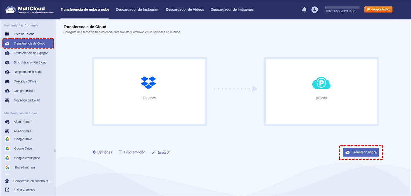 Transferir Dropbox a pCloud Transferir Dropbox a pCloud