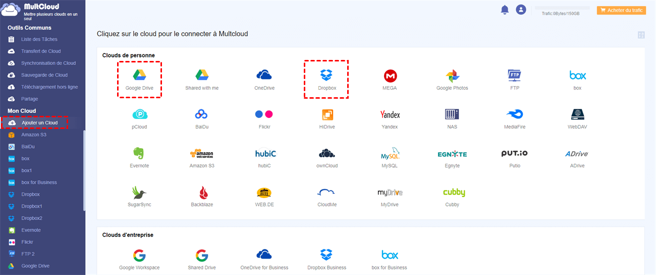 Ajouter Dropbox et Google Drive à MultCloud