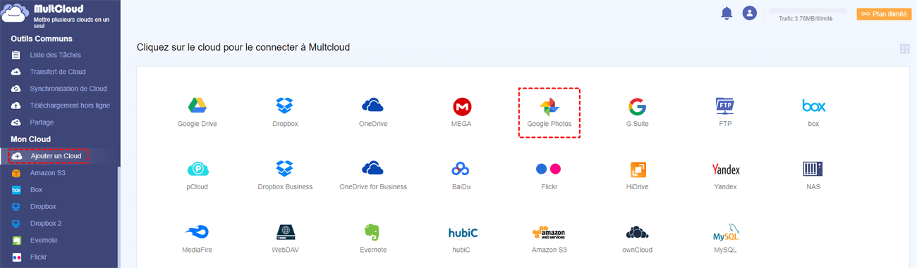 Ajouter Google Photos à MultCloud