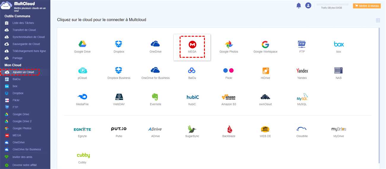Ajouter MEGA à MultCloud