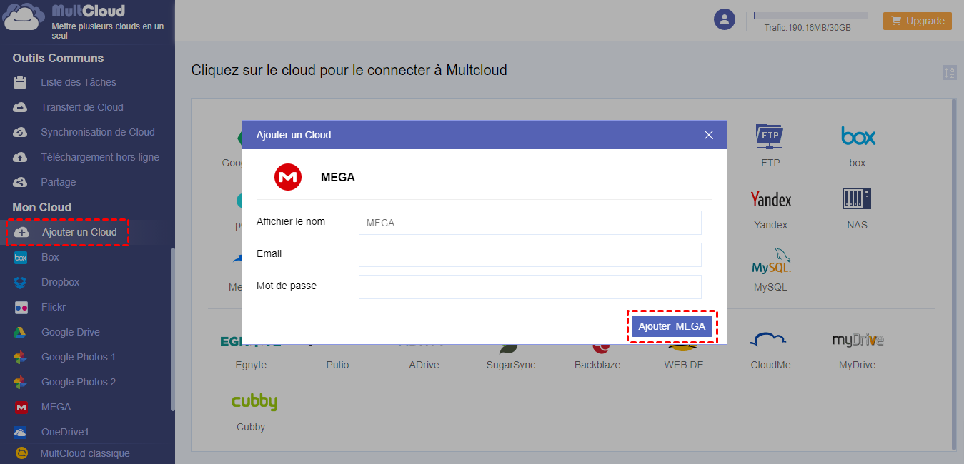 Ajouter MEGA à MultCloud