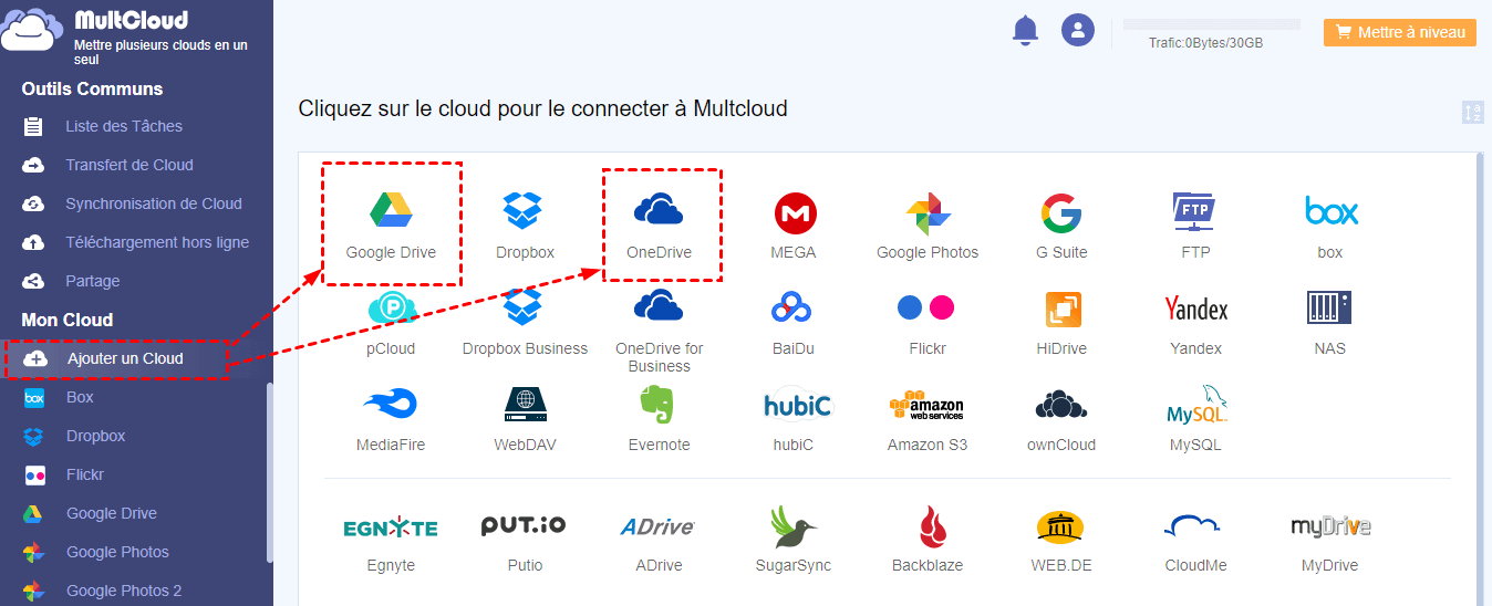 Ajouter OneDrive et Google Drive à MultCloud