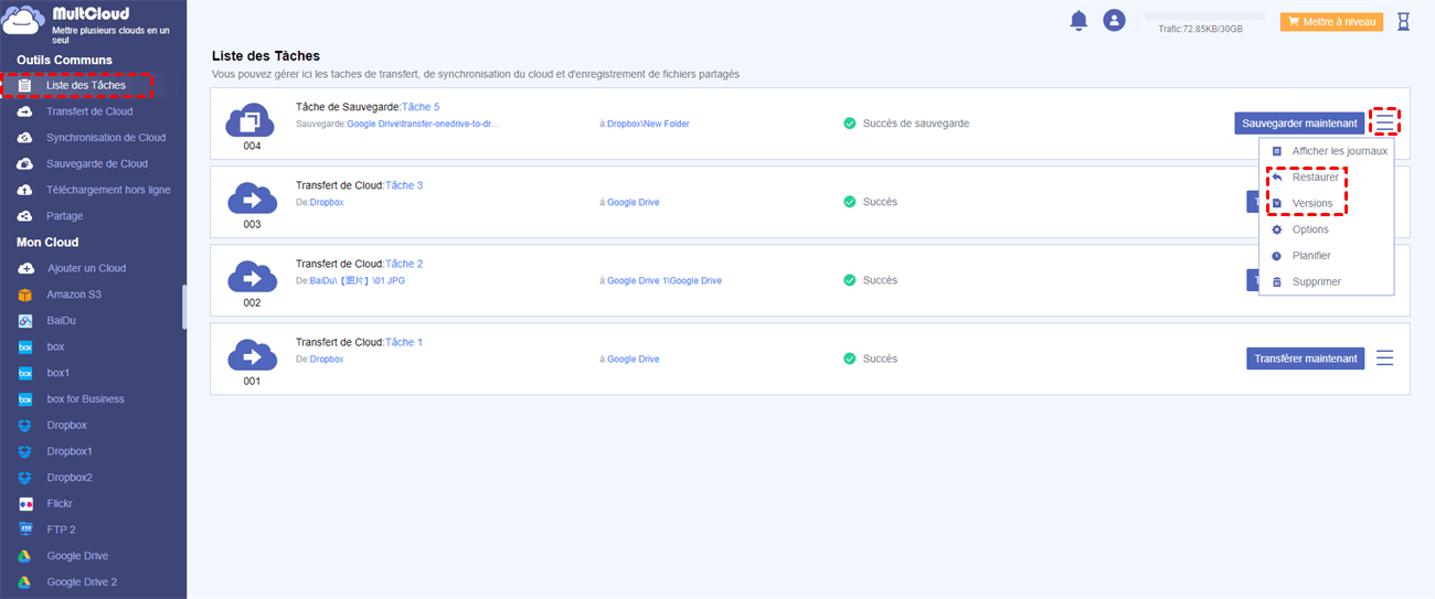 Trouver la version de sauvegarde à partir de la liste des tâches