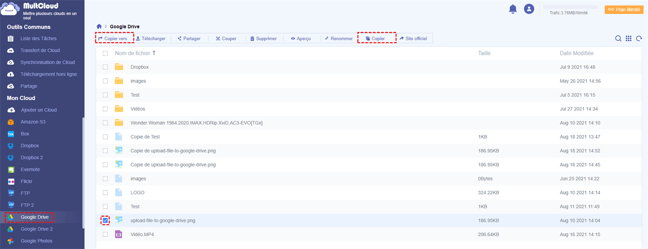 Copier les fichiers de Google Drive dans MultCloud