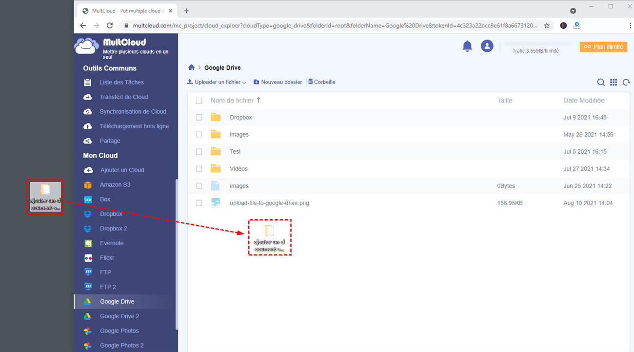 Faites glisser et déposez des documents sur Google Drive via MultCloud