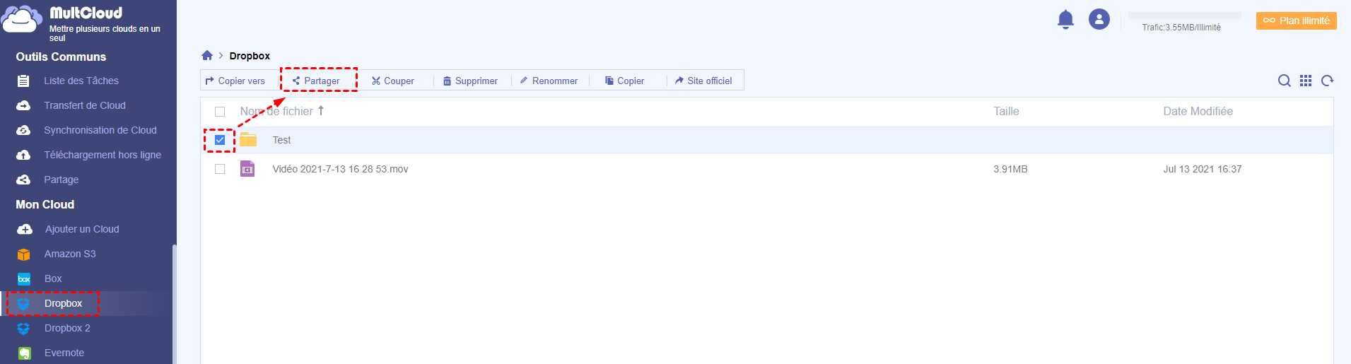 Sélectionner le dossier Dropbox à partager via MultCloud